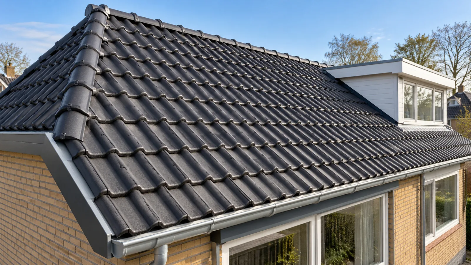 Sfeerbeeld van een vernieuwd pannendak met dakkapel en zinken dakgoot