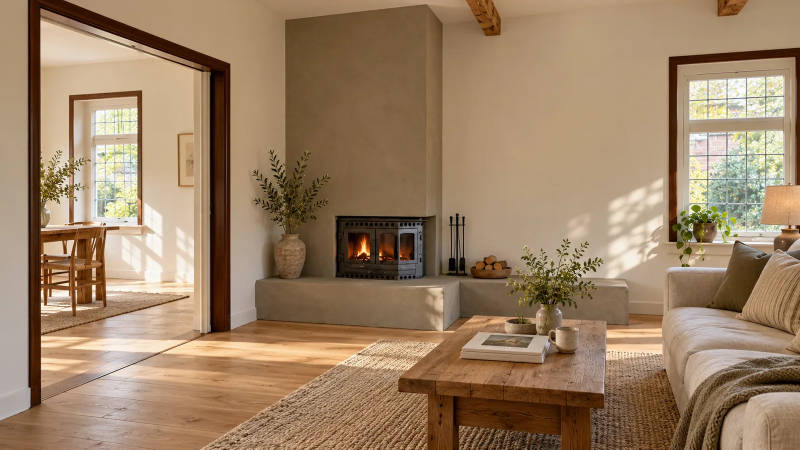 Sfeerbeeld van een gerenoveerde woonkamer met houten vloer, balken en een gestucte schouw